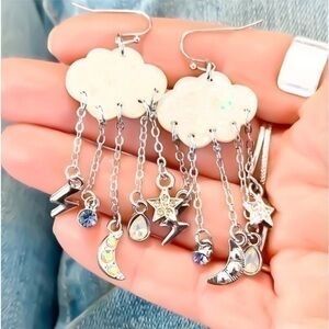 Handcrafted silver cloud moon star bolt Swarovski AB Crystal chandelier earrings